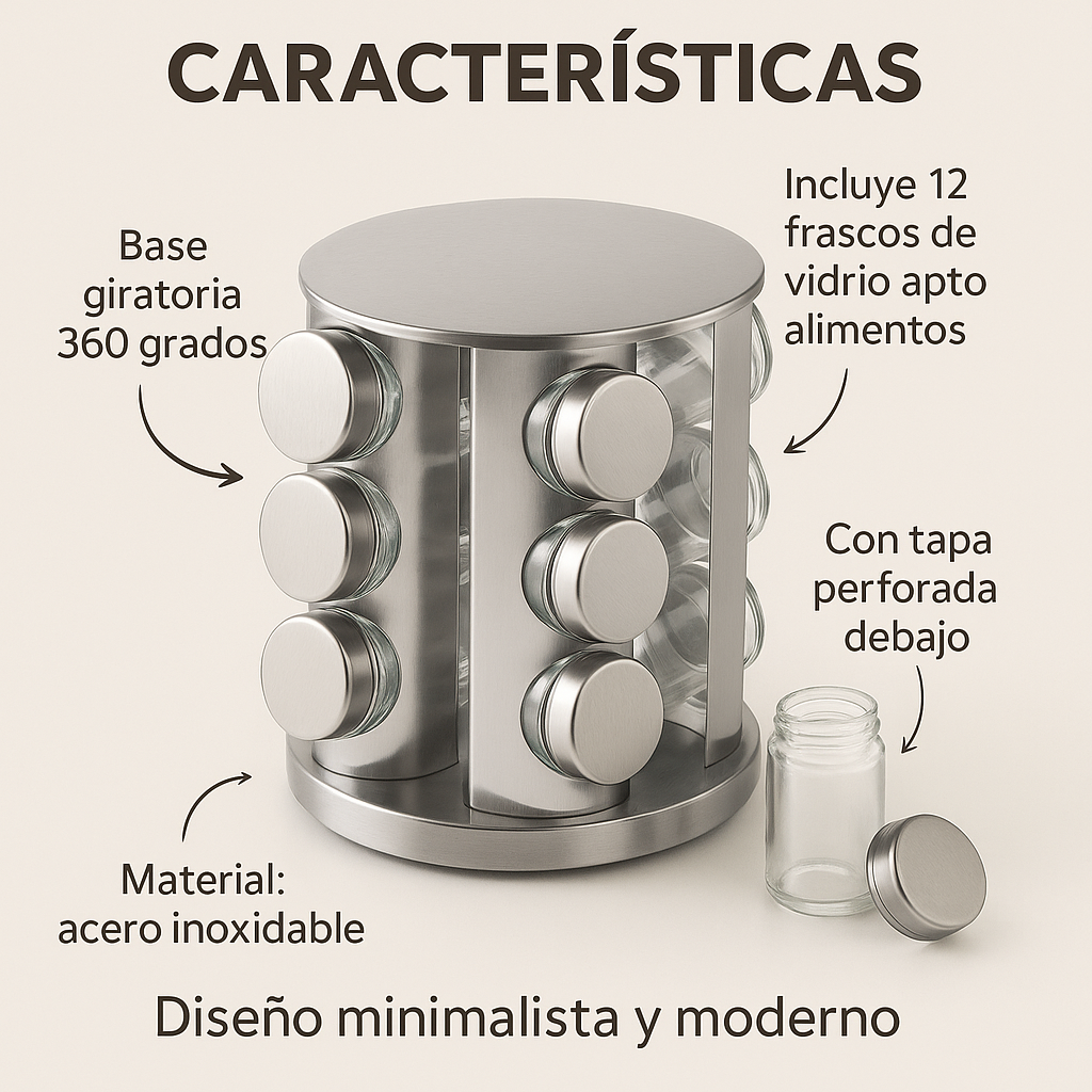 Especiero Redondo 12 Frascos Acero Inoxidable